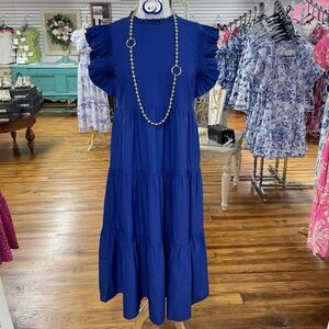 JODIFL Royal Blue Midi Dress with Ruffle Sleeves